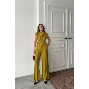 TENCEL ODAL KOLSUZ BLUZ KAPALI CEP DETAYLI DÖKÜLÜ  PANTOLON TAKI  Yağ Yeşili