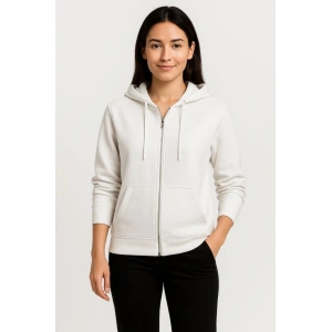 Üç İplik Kapüşonlu Tam Fermuarlı Kanguru Çepli weathirt Hoodie  Beyaz