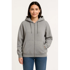 Üç İplik Kapüşonlu Tam Fermuarlı Kanguru Çepli weathirt Hoodie  Gri