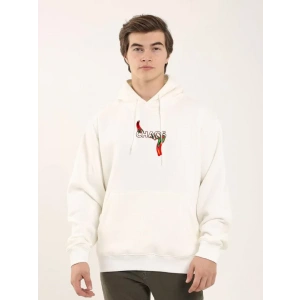 Unisex Baskılı Oversize Üç İplik Kapüşonlu weatshirt  Beyaz