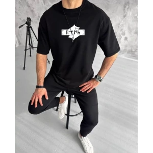 Unisex Bisiklet Yaka Baskılı Double Oversize Thirt  iyah