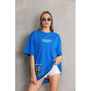 Unisex Bisiklet Yaka Baskılı Oversize Thirt  avi