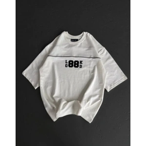 Unisex Bisiklet Yaka Baskılı Oversize Thirt  Beyaz