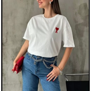 Unisex Bisiklet Yaka Baskılı Oversize Thirt  Beyaz