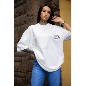 Unisex Bisiklet Yaka Baskılı Oversize Thirt  Beyaz