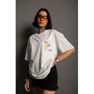 Unisex Bisiklet Yaka Baskılı Oversize Thirt  Beyaz