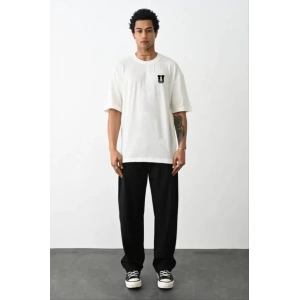 Unisex Bisiklet Yaka Baskılı Oversize Thirt  Beyaz