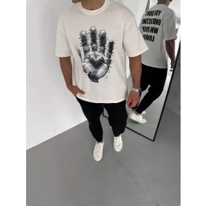 Unisex Bisiklet Yaka Baskılı Oversize Thirt  Beyaz