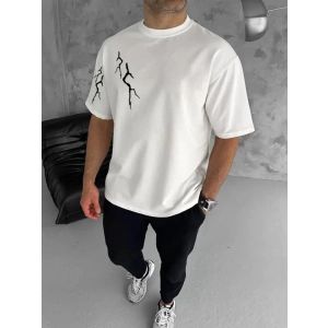 Unisex Bisiklet Yaka Baskılı Oversize Thirt  Beyaz