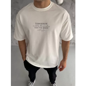 Unisex Bisiklet Yaka Baskılı Oversize Thirt  Beyaz