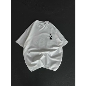 Unisex Bisiklet Yaka Baskılı Oversize Thirt  Beyaz