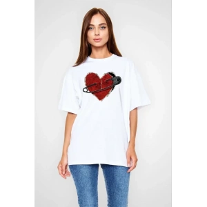 Unisex Bisiklet Yaka Baskılı Oversize Thirt  Beyaz