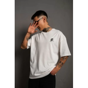 Unisex Bisiklet Yaka Baskılı Oversize Thirt  Beyaz