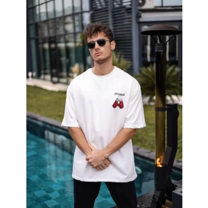 Unisex Bisiklet Yaka Baskılı Oversize Thirt  Beyaz