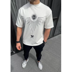 Unisex Bisiklet Yaka Baskılı Oversize Thirt  Beyaz