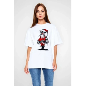 Unisex Bisiklet Yaka Baskılı Oversize Thirt  Beyaz