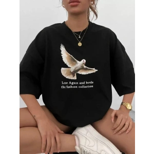 Unisex Bisiklet Yaka Baskılı Oversize Thirt  iyah