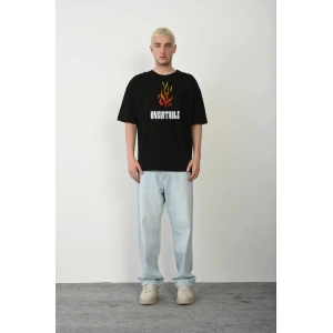 Unisex Bisiklet Yaka Baskılı Oversize Thirt  iyah