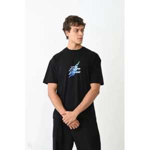 Unisex Bisiklet Yaka Baskılı Oversize Thirt  iyah