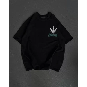 Unisex Bisiklet Yaka Baskılı Oversize Thirt  iyah