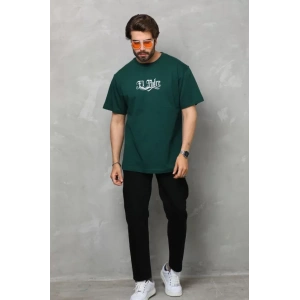 Unisex Bisiklet Yaka Baskılı Oversize Thirt  Yeşil