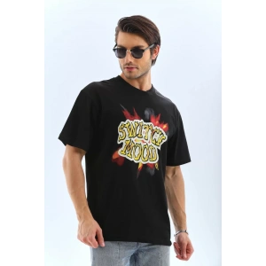 Unisex Oversize Baskılı Bisiklet Yaka Thirt  iyah