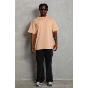 Unisex Oversize Düz Bisiklet Yaka Thirt  Bej