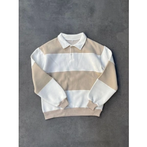 Unisex Üç İplik Parçalı Yakalı weathirt  Bej