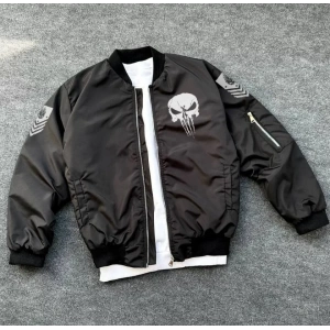 Unisex Uzun Kol Kuru Kafa Baskılı Bomber Ceket  iyah