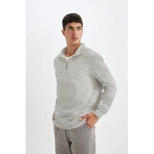 Unisex Uzun Kol Yarım Farmuarlı Yakalı Basic weathirt  Gri