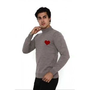 Unisex Yarım Boğazlı Baskılı Dokuma Triko  Vizon