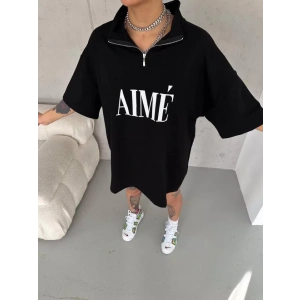 Unisex Yarım Fermuarlı Baskılı Thirt  iyah