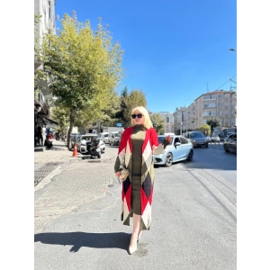 Uzun hırka içi elbise ikili triko takım ekose baklava desen haki kırmızı