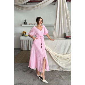 V YAKA BEL BONCUK BAĞLAMALI MÜLİN ELBİE YIRTMAÇ DETAYLI  Pembe
