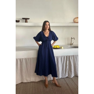 V YAKA DÖKÜLÜ ELBİSE  Lacivert