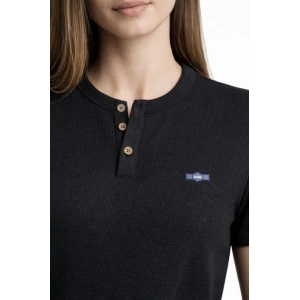 Waffle Dokulu ikralı Henley Yaka Düğmeli Regular Kısa Kollu Thirt  iyah