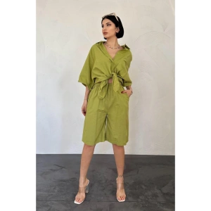 Yağ Yeşili Kısa Kollu Keten Gömlek Ve Şort Takım