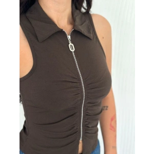 Yakalı Tam Fermuarlı Kolsuz Bluz  Kahverengi