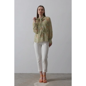 Yakası Fularlı Şifon Gömlek  Fıstık Yeşili