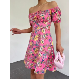 Yakası Lastikli Bağcık Detaylı Mini Elbise Pembe