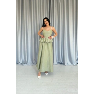 Yeşil Beli Büzgülü İnci Askılı Uzun Elbise