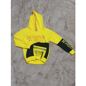 3-9 yaş naskılı ön fermuar detaylı kol ek kapşonlu sweatshirt sarı