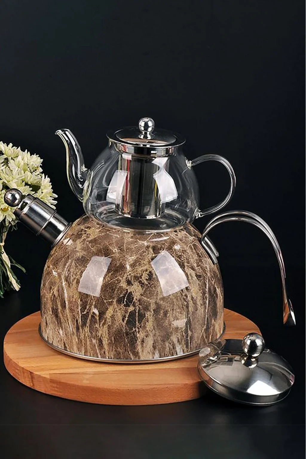 Mermer Düdüklü Çelik Cam Çaydanlık Takımı