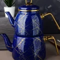 Elite Class Kırık Mermer Desenli Çaydanlık – Lacivert Premium Set