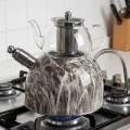 Nisev Pro Mermer Düdüklü Çelik Cam Çaydanlık Takımı – Lüks Açık Gri