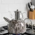 Nisev Pro Mermer Düdüklü Çelik Cam Çaydanlık Takımı – Lüks Açık Gri