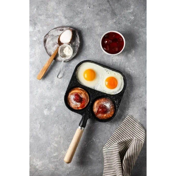 3 Gözlü 3 Bölmeli Çok Amaçlı Omlet Pankek Ergonomik Tava