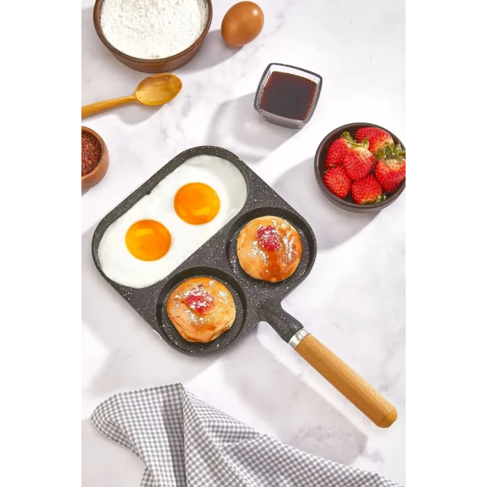 3 Gözlü 3 Bölmeli Çok Amaçlı Omlet Pankek Ergonomik Tava
