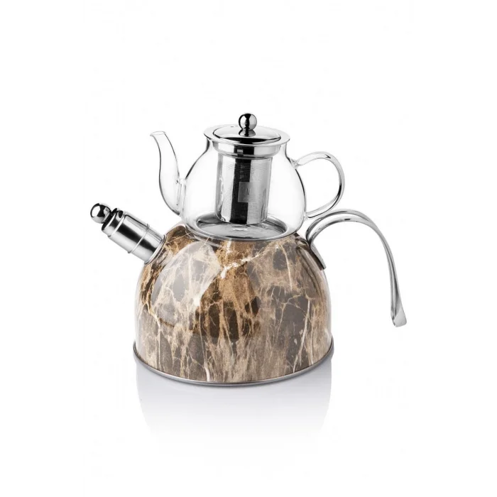 Nisev Mermer Düdüklü Cam Çaydanlık Takımı – Açık Kahve Tasarımı