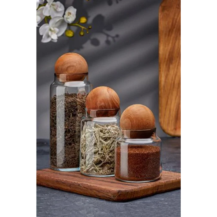 3lü Ahşap Top Kapaklı Cam Kavanoz Seti Şekerlik Çerezlik Baharatlık Vb. Saklama Kabı